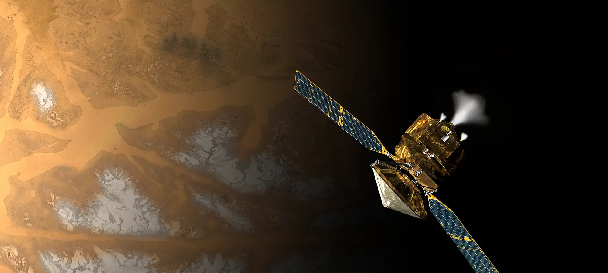 Artistic rendering of MRO in orbit around Mars right before insertion in 2006.