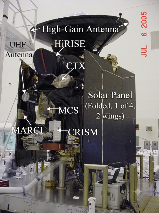 Image of MRO at the Kennedy Space Center prior to integration with the Atlas V launch vehicle.